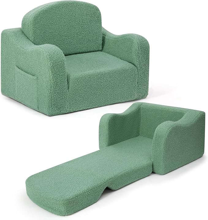 Comfy Toddler Chair & Kids, 2-in-1 Soft Couch Fold Out for Kids, Toddler Chairs Comfy 1-3 Years Old, Convertible Plush Sofa to Lounger for Girls and Boys, Green