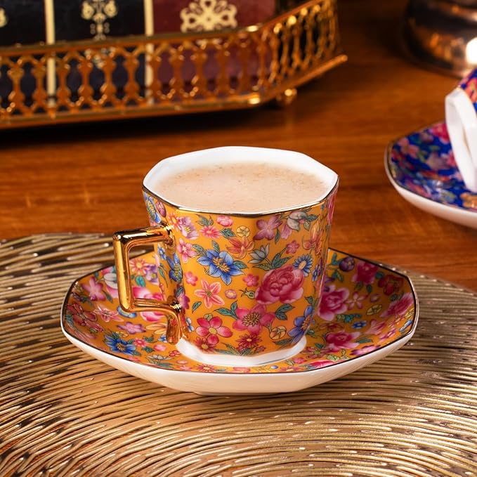 KAMMAK Tea Cups and Saucers Set of 2, Porcelain Coffee Cup with Saucer for Espresso, Cappuccino, 4.5oz Vintage Yellow and Blue Ceramic Demitasse Mug for Home, Tea Party, Office