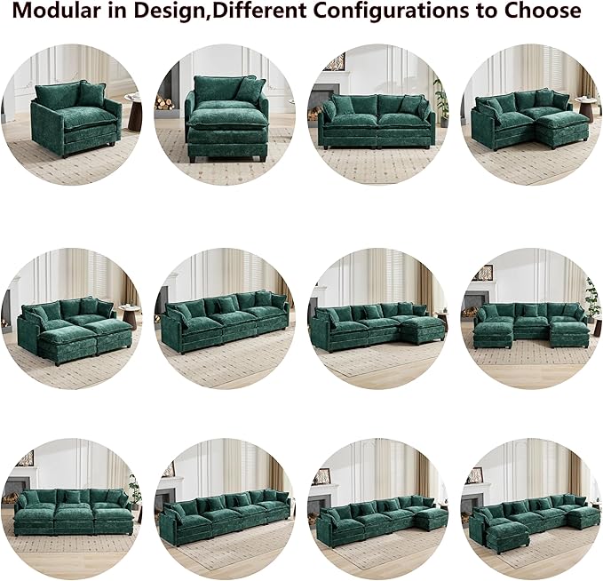 Aoowow Chenille Upholstered Accent Chair Oversized,Fluffy Single Cloud Sofa Chairs with Deep Seat,Modern Large Reading Arm Chair with Throw Pillow for Living Room,Bedroom (Green, Single Sofa Chair)