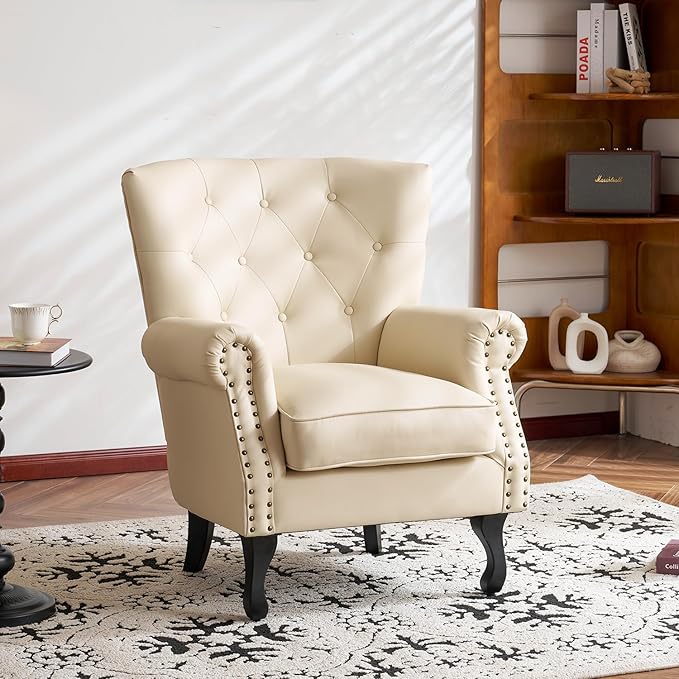 MOJAY PU Leather Accent Chair Set of 2, Modern Armchair Living Room Chair, Upholstered Club Chair with Rivet Trim, Mid-Century Sofa Chair with Sturdy Wood Legs for Bedroom (Ivory White)