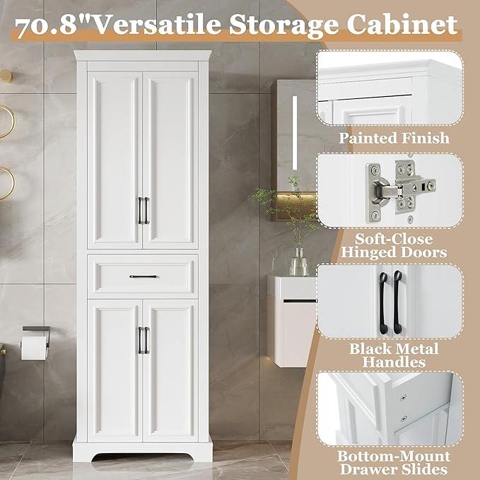 Tall Freestanding Storage Cabinet with 4 Doors & One Drawer, Multi-Purpose Organizer with Adjustable Shelf for Bathroom, Office, Living Room, White