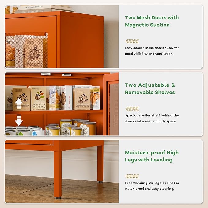 Orange Metal Cabinet,Bathroom Floor Storage Cabinets,40" H Small Orange Locker Cabinets with 2 Adjustable Shelves & 2 Doors