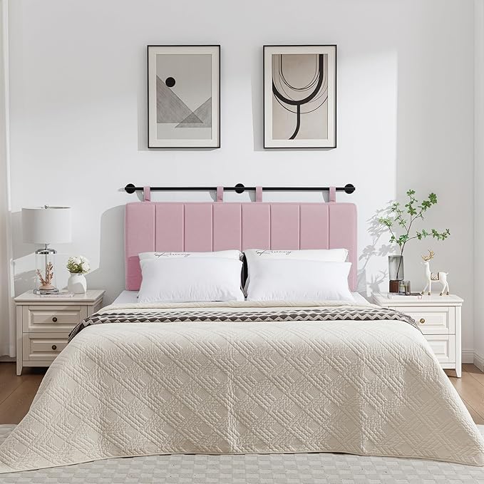 UEV King Headboard Only, Wall Mounted Hanging Upholstered Bed Head Board, Modern Vertical Channel Design of Fine Linen, Elegant Pink Fluted Headboard for Bedroom (Pink, King Size)