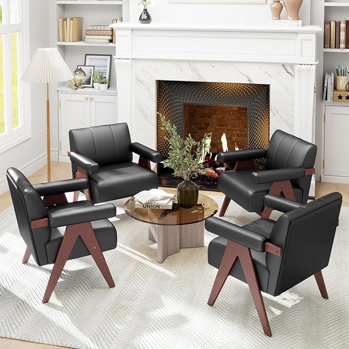 STHOUYN Black Leather Accent Chairs, Mid Century Modern Chair, Side Arm Chairs for Living Room, Office Guest Waiting Room Chairs (1, Black)