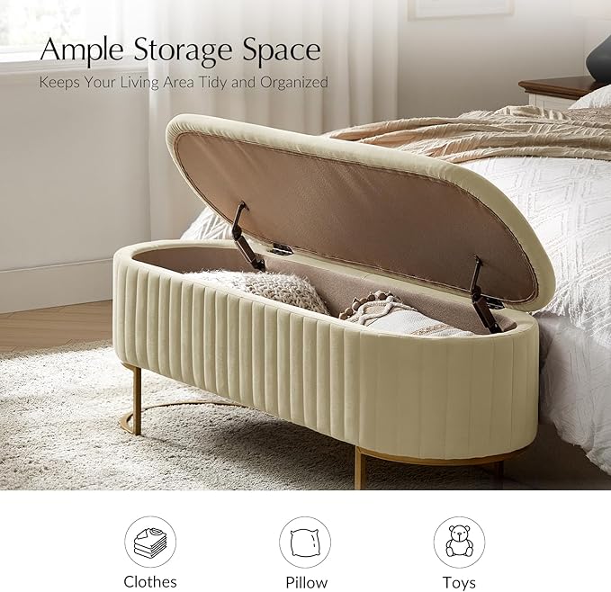 EcoHarbor Living 50.5" Storage Bench Hallway Ottoman,Upholstered End of Bed Bench Velvet with Gold Legs,Flipping Lid Entryway Footrest