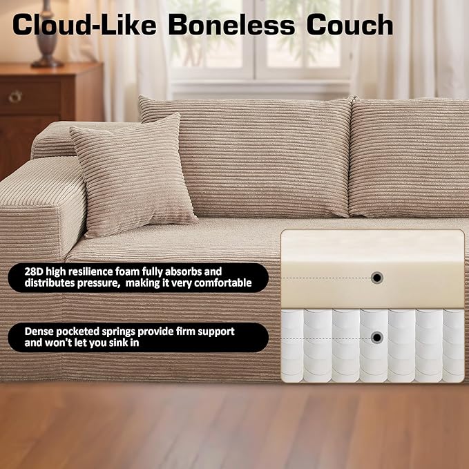 106" Cloud Sectional Couch with Chaise Lounge,L Shaped Modular Modern Sofa,Comfy Corduroy Fluffy Couches with Deep Seat,No Assembly Required Couch for Living Room(Right,Stripe Corduroy,Camel)