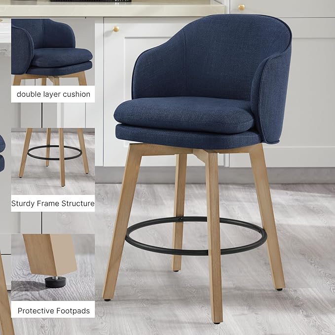 Counter Height Barstools 26 inch Upholstered Swivel Bar Stools with Back and Wood Legs for Kitchen Island,Set of 4,Blue Fabric