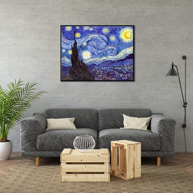 Wieco Art Framed Wall Art Canvas Prints of Starry Night by Vincent Van Gogh Paintings Reproduction Post-Impressionism Artwork Framed Wall Art for Living Room Home Decorations Black Frame