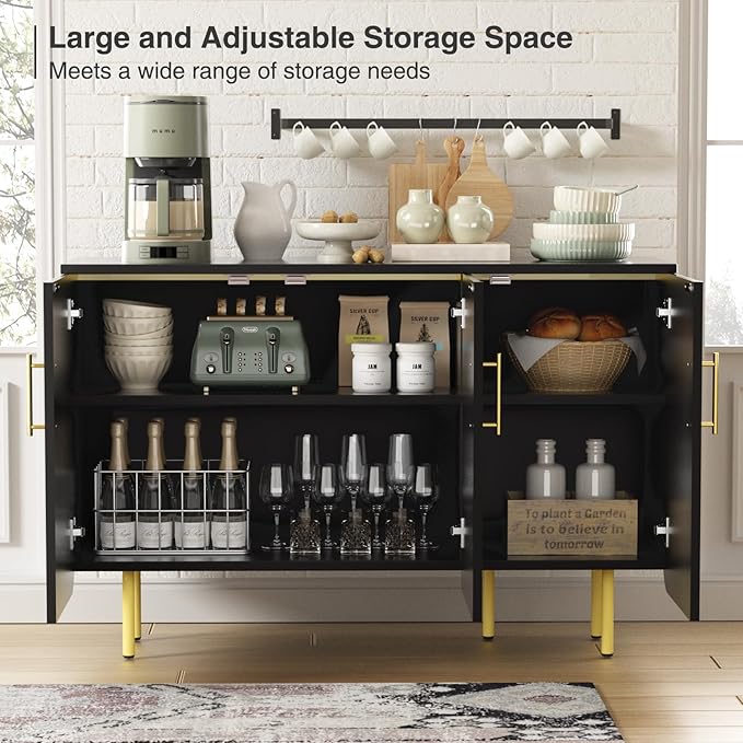 Set of 2 Fluted Black Storage Cabinets, Modern 3-Door Sideboard Buffet Cabinet with Adjustable Shelves and Metal Legs, Accent Cabinet for Kitchen, Living Room, Entryway (Black & Gold)