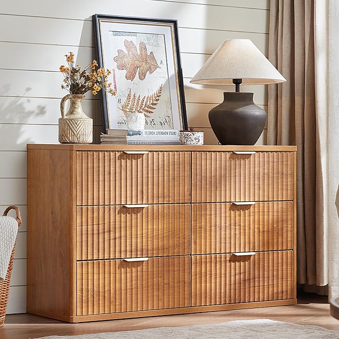 LEYAOYAO Fluted 6 Drawers Dresser, 48" Wide Modern Chest of Drawers with Woodgrain Top, Curved Profile Design, Dresser TV Stand, Wood Drawer Organizer for Bedroom, Living Room, Hallway,Brown