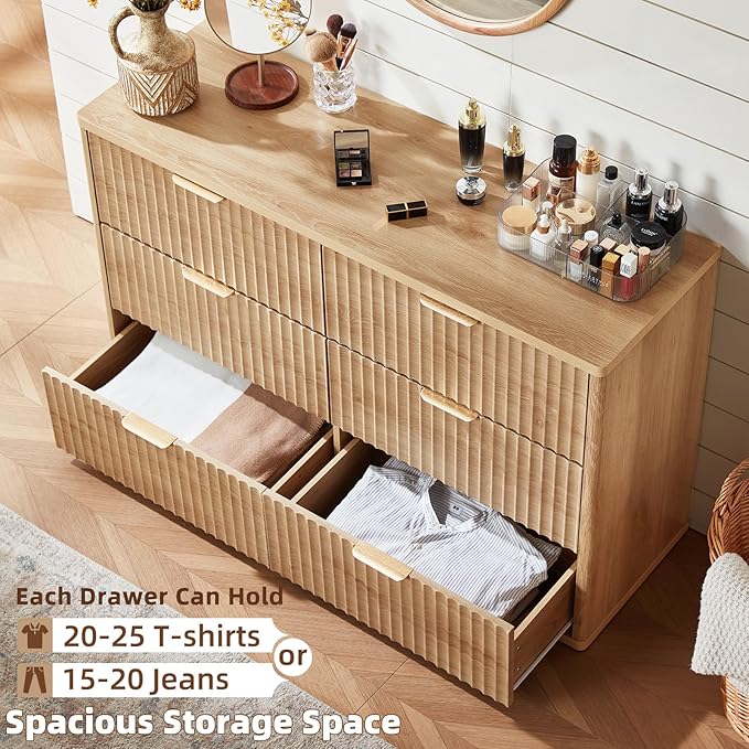 LEYAOYAO Fluted 6 Drawers Dresser, 48" Wide Modern Chest of Drawers with Woodgrain Top, Curved Profile Design, Dresser TV Stand, Wood Drawer Organizer for Bedroom, Living Room, Hallway,Wood