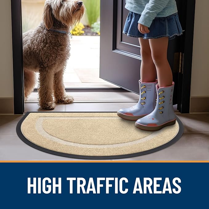 OLANLY Half Circle Door Mat Indoor Outdoor Entrance Welcome, Waterproof All-Season, All-Weather Doormat, Sturdy Natural Rubber, Low Profile, Easy Clean Patio Porch Entryway Mat, 59x34, Beige