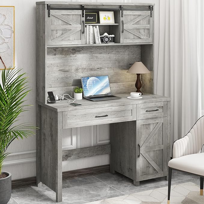 Vabches Farmhouse 47" Executive Desk, Computer Desk with Drawers and Storage Cabinet, Workstation with Hutch for Home Office