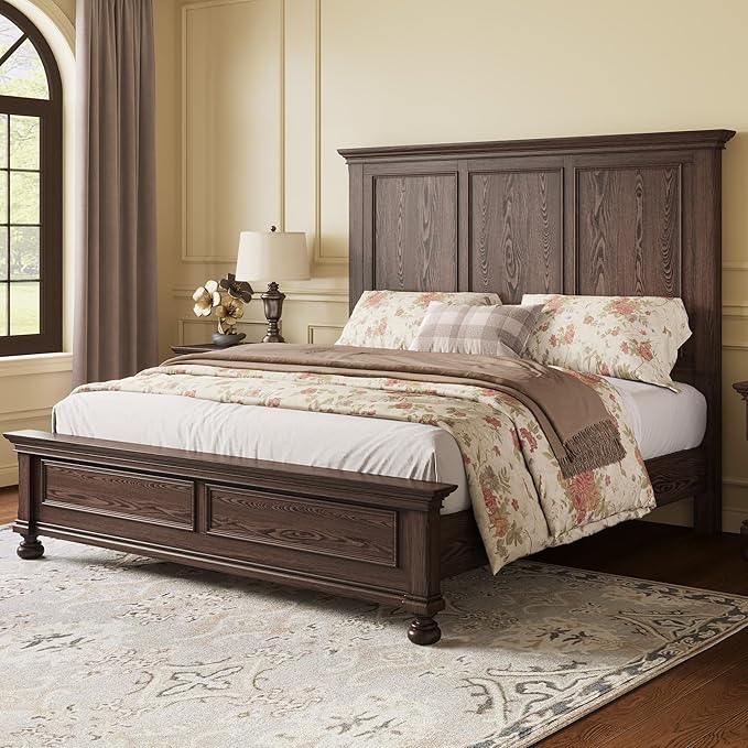 AMERLIFE Solid Wood King Bed Frame with 65.2" High Headboard, Traditional Platform Bed with Heavy Duty Slats, No Box Spring Needed, Easy Assembly, Dark Brown