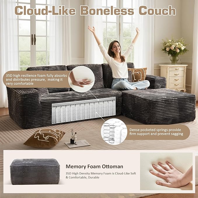 106" Cloud Sectional Couch with L-Shape Chaise & Ottoman, No Assembly Modular Sofa, Deep Seat Plush Corduroy Boneless Couched for Living Room (Gray Plush Corduroy, Right Facing Chaise with Ottoman)