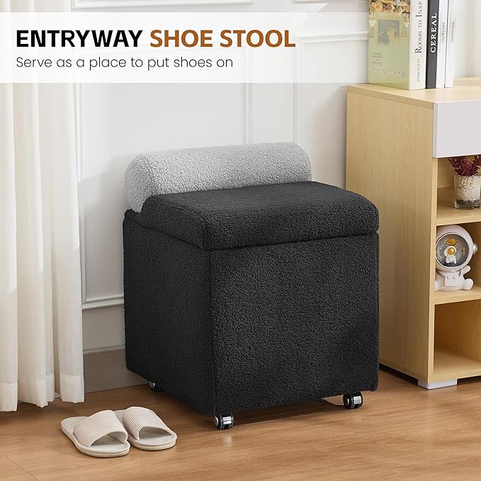 Boucle Vanity Chair with Storage, Swivel Makeup Vanity Chair with Wheels & Safety Hinge, Upholstered Vanity Stool Ottoman for Bedroom, Dressing Room, Black