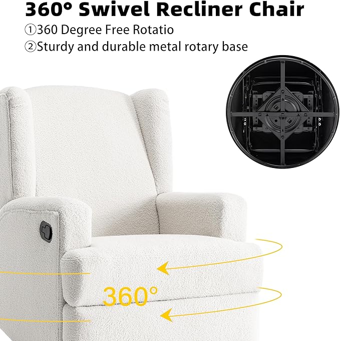 Boucle Swivel Glider Recliner Chair for Adults - Plush High Back Rocker with Deep Seat, Manual Reclining Upholstered Armchair for Living Room or Nursery, Textured Fabric Accent Chair-White