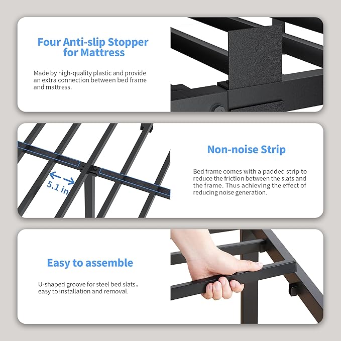 ROIL 14 inch Twin Bed Frames with Headboard Hole and Round Corner Legs Mattress Retainers 3500LBS Heavy Duty Steel Slats No Box Spring Needed Platform Noise-Free Easy Assembly