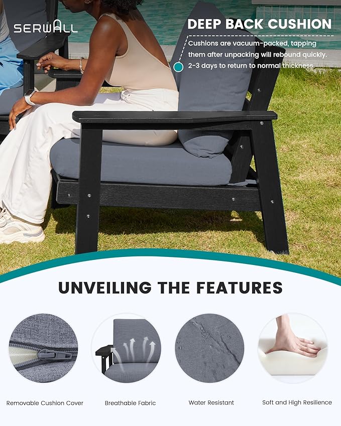 SERWALL HDPE Outdoor Couch Set of 2, Black Frame and Grey Cushion