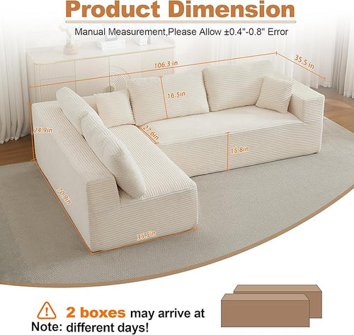 106" Cloud Modular Sectional Sofa Couch,L-Shape Modern Boneless Sectional Couch with Deep Seat,Upholstered Couches for Living Room Bedroom,No Assembly Required,Beige
