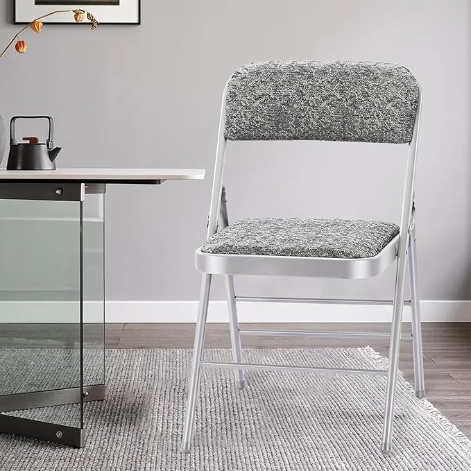cyclone sound 4 Pack Folding Chairs with Fabric Padded Cushion and Back, Commercial Grade Metal Chairs with Fabric Cushion for Home and Office, for Indoor and Outdoor Events (4, Gray-Fabric)