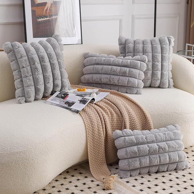 Neelvin Grey Faux Fur Cozy Soft Plaid Decorative Throw Pillow Covers 20x20 inch Set of 2,Velvet Pillowcase Cushion Case for Sofa Couch