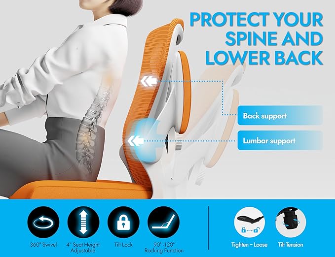 Ergonomic Office Chair - Home Office Desk Chairs Comfy, Computer Chair Ergonomic, Office Chairs with Lumbar Support, Executive Task Chair for Adults, Comfortable for Long Hours (Orange)
