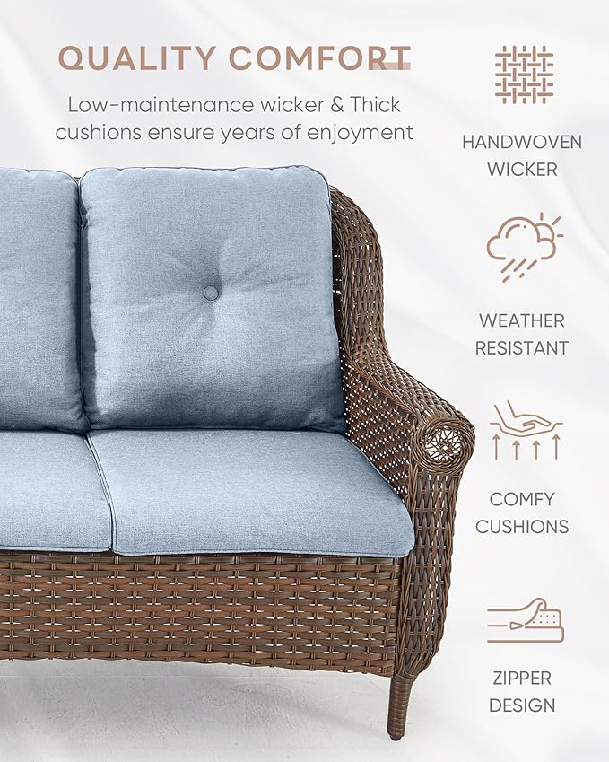 Patio Couch Outdoor Wicker Sofa - Heavy Duty All-Weather Brown Rattan 3-Seater with High Back and Comfortable Thick Cushions for Garden Back Porch Poolside Apartment - Baby Blue