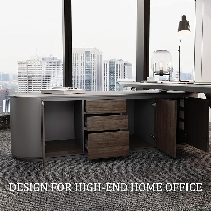 SAINTCY Large Executive Office Desk with File Cabinet, 86.6 Inch Sit & Stand L Shaped Executive Desk, Adjustable Luxury Office Desks for Boss, Business Owners, Managers and Supervisors Return Right