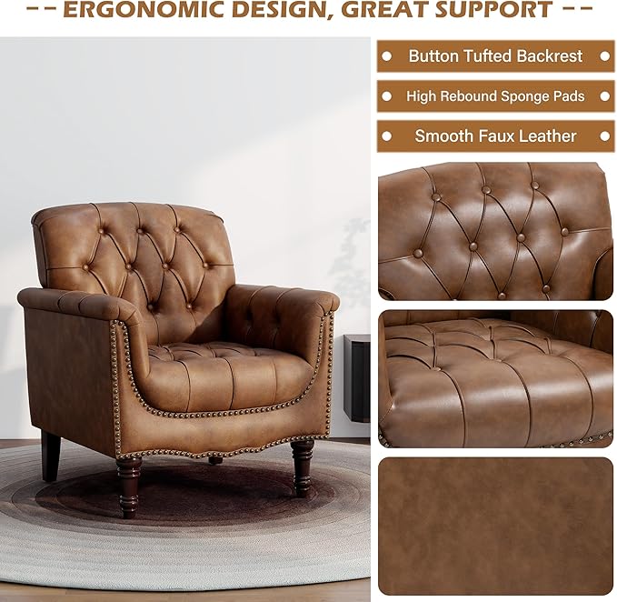 UIXE Faux Leather Accent Chairs Set of 2, Comfy Club Chair Upholstered Armchair for Living Room, Button Tufted Arm Chair Retro Single Sofa Side Reding Seat for Bedroom - Brown