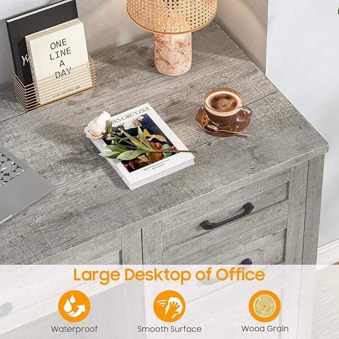 Vabches Farmhouse 47" Executive Desk with 4 Drawers, Computer Desk with File Drawer and Charging Station, Workstation for Home Office, Study.（Grey）