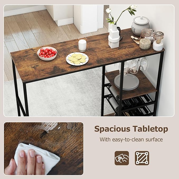 COSTWAY 48" Long Bar Table, Bar Height Dining Table with Storage Shelves, Wine Racks & Stemware Holders, Industrial Breakfast Table for Kitchen Living Room Behind Couch, Rustic Brown