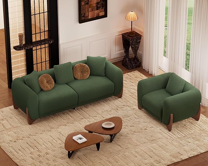 Morden Fort 2 Piece Cloud Couch Set, Modern Sherpa Boucle Sofa Set with Wood Legs, Skin-Friendly Minimalist Upholstered Comfy Couch Sofas for Living Room, 3-Seater Sofa & Accent Arm Chair, Green