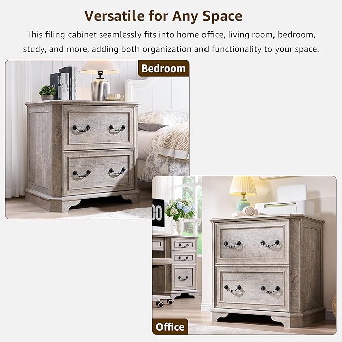 T4TREAM 34" Lateral File Cabinet with 2 Drawers, Farmhouse Filing Cabinet with 34" Wide Wooden Tabletop & Smooth Rails, Holds Letter/Legal, Hexagonal Design & Framed Drawer Fronts, Light Rustic Oak