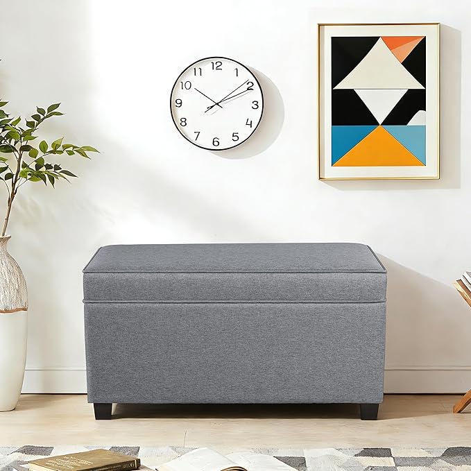 Adeco 31 Inches Storage Ottoman Bench, Non-Folding End of Bed Foot Rest Stools Ottoman with Thicker Foam Padded Seat, Upholstered Storage Chest for Living Room, Entryway, Bedroom