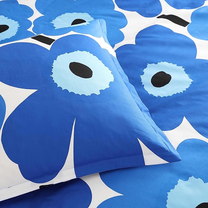 Marimekko - Full/Queen Duvet Cover Set, Cotton Percale Reversible Bedding with Matching Shams, Floral Home Decor (Unikko Blue, Full/Queen)