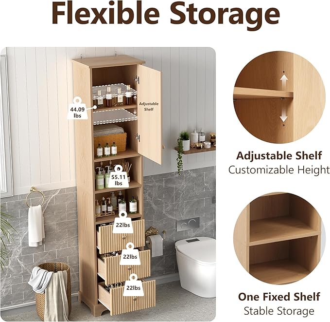 Tall Freestanding Storage Cabinet with One Door & 3 Drawers, Multi-Purpose Organizer with Open Storage and Adjustable Shelf for Bathroom, Office, Living Room, Wood