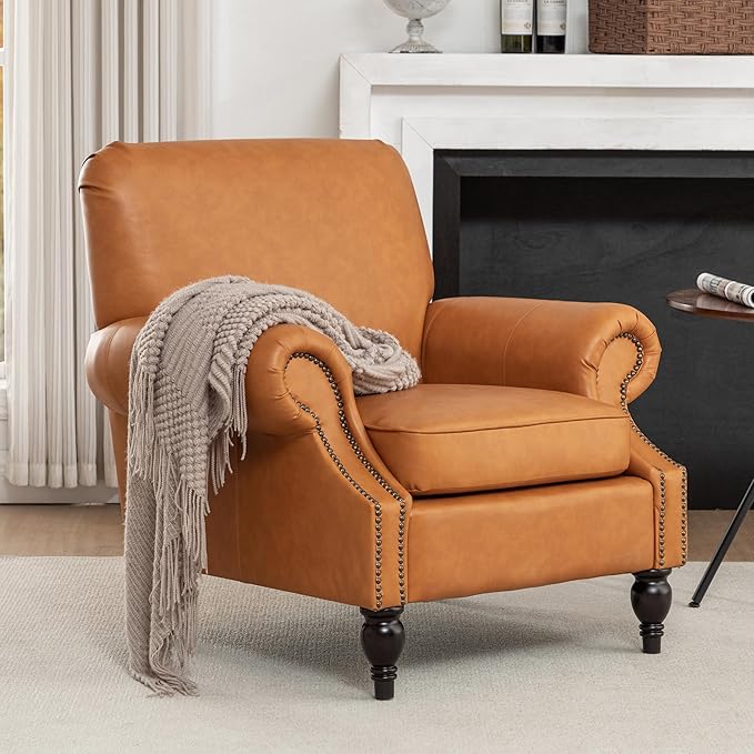 Accent Chair,22.4" Seat Depth Armchair with Roll Arms,36.6W*34.3D*34.6H Living Room Chair,Wood Legs,Set of 1,Faux Leather in Brown