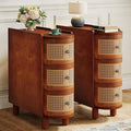 Tribesigns Solid Wood End Table Set of 2, 3-Drawer Rattan Side Table, Night Stand with 3 Rattan Drawers and Exquisite Embossed Handles for Living Room, No Assembly Required (Walnut & Oak)