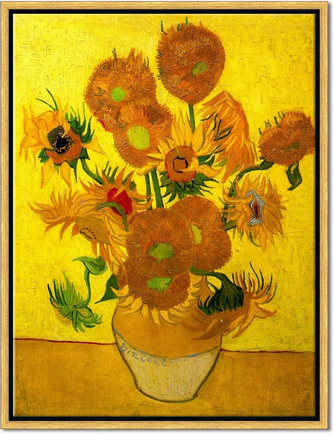 Wieco Art Framed Wall Art of Vase with Fifteen Sunflowers by Vincent Van Gogh Paintings Reproduction Abstract Canvas Prints for Home Living Room Decorations Bronze Gold Frame