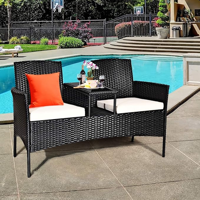 COSTWAY 2-Seat Patio Conversation Sets, Outdoor Patio Loveseat Set with Removable Cushions & Built-in Coffee Table for Backyard, Garden, Lawn, Balcony, Black+Beige