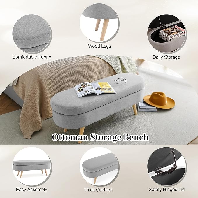 Storage Ottoman Bench 43" Storage Bench for Bedroom, Upholstered Soft Boucle Fabric End of Bed with Safety Hinge Solid Wood Legs Foot Stool Benches for Hallway,Closet,Oval, Entryway, Grey