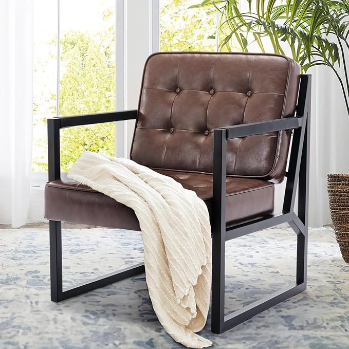 COLAMY Mid Century Modern Accent Chair, Comfy Living Room Chairs, Brown Leather Accent Chair, Faux Leather Reception Armchair with Metal Legs for Living Room Bedroom Reception Waiting Room, Brown