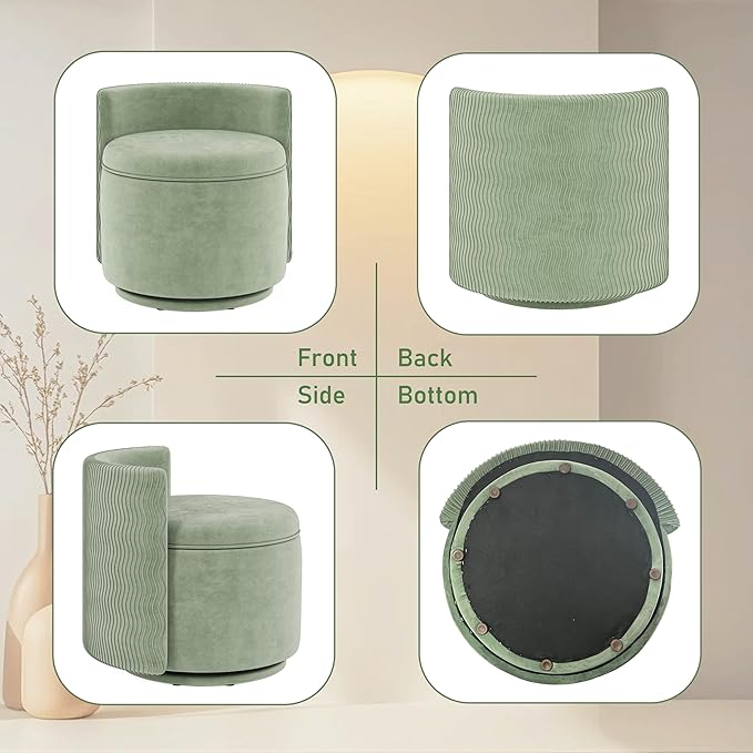360° Swivel Accent Chair with Storage, Vanity Stool with Back, Velvet Storage Ottoman, Upholstered Round Barrel Vanity Chair for Living Room, Makeup Room, Bedroom (Green)