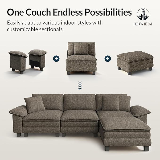 HERA'S HOUSE 124" Modular Sectional Sofa, Oversized Couches for Living Room, Comfy Cloud Couch 3-Seater Deep Seat Sofa with Throw Pillow, Chenille Ash