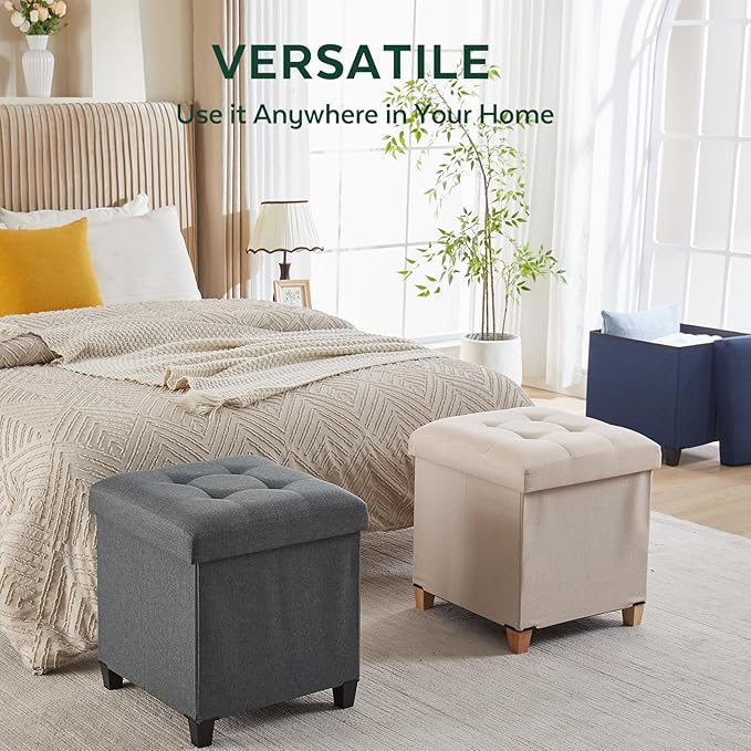 17.7" Ottoman with Storage, Square Storage Ottoman for Dorm, Linen Ottomans with Legs for Living Room, Bedroom, Gray
