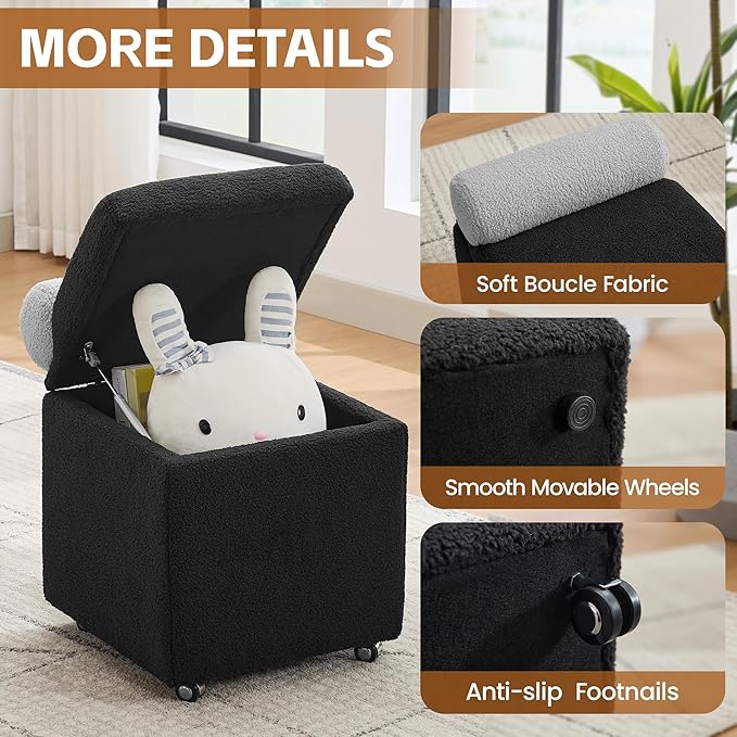 Boucle Vanity Chair with Storage, Swivel Makeup Vanity Chair with Wheels & Safety Hinge, Upholstered Vanity Stool Ottoman for Bedroom, Dressing Room, Black