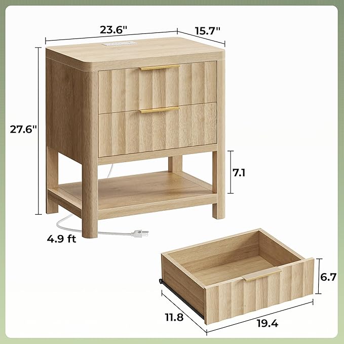 Huuger 27.6 Inch Tall Night Stand with Charger Station, USB-C Port, Fluted Nightstand with 2 Deep Drawers, Larger Wider Bed Side Table with Open Shelf, Bedroom Living Room End Table, Natural