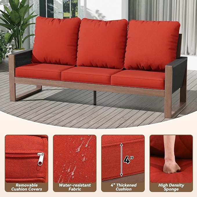Patio Furniture 3 Seater Sofa Cedar Wood Indoor&Outdoor Couch, Outside Deep Seat High Back Porch Sofa