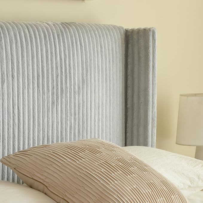 PINJU King Size Bed Frame, Upholstered Platform Bed with Modern Vertical Striped Wingback Headboard with Wooden Slats, Easy to Assemble No Noise Free (Grey, King (U.S. Standard))